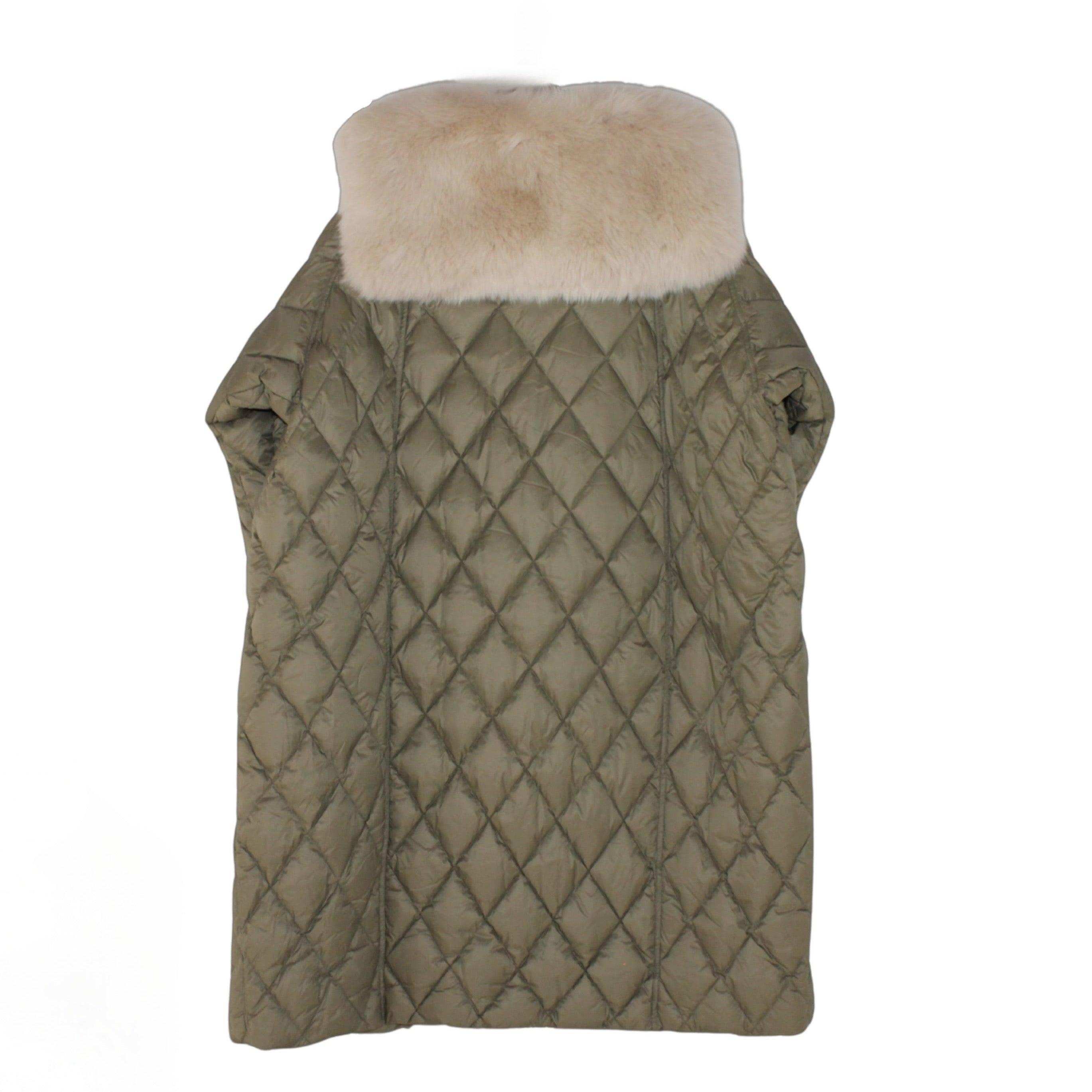 Long down ultra lightweight Jade coat is crafted with goose down interior, exterior geometric quilting, enriched luxurious fox fur trim, and extended fur back flap.